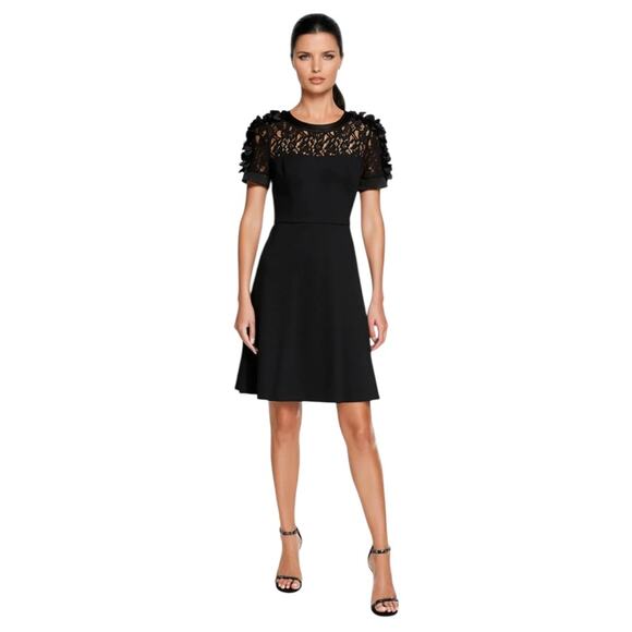 NWOT Shani Black Floral Applique Fit & Flare Crepe Dress – Sz 6 - Picture 1 of 9